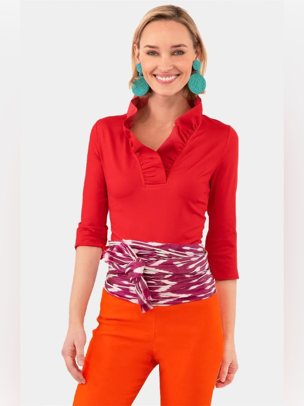 Gretchen Scott Jersey Ruffneck 3/4 Sleeve Top - Solid in Crimson Sz S